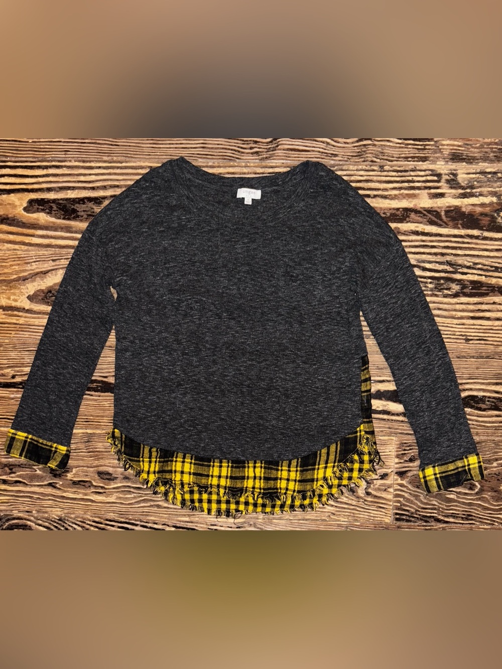 lilt Dark Gray Knit Top with Yellow Plaid Fringe Hem